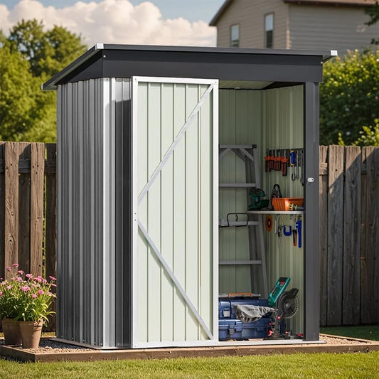 Greesum 5×3 FT Outdoor Storage Shed, Metal Storaged Sheds Without Floor, Tool Sheds with Lockable Doors and Sloping Roof for Garden, Patio, Backyard, White