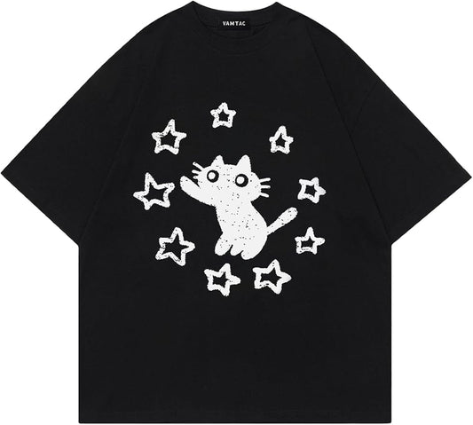 Vamtac Graphic Tees Unisex Loose Star Cat Print Tee Casual Summer Y2k Shirt Cute Short Sleeve Cotton Top
