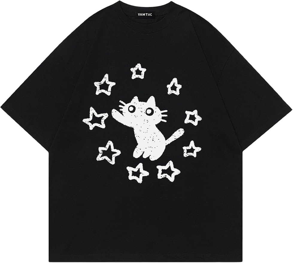 Vamtac Graphic Tees Unisex Loose Star Cat Print Tee Casual Summer Y2k Shirt Cute Short Sleeve Cotton Top