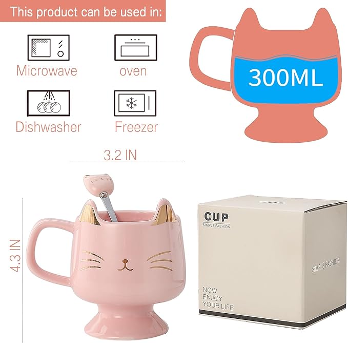 Yuwu Ceramic Coffee Mug, Cute Cat Tea Mug with Spoon, Funny Gifts for Women Girls for cat lovers (Pink)