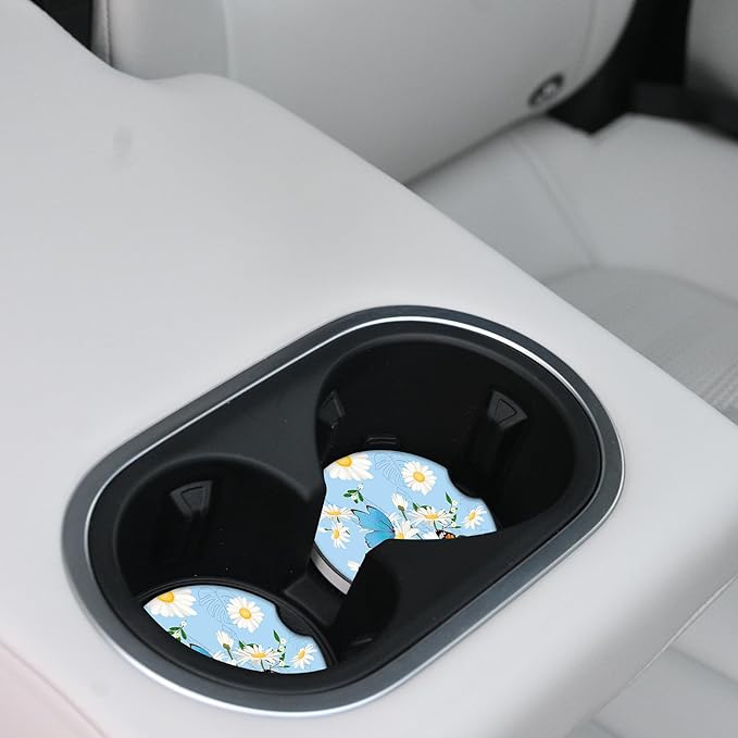 Car Coasters for Drinks Absorbent, 2 Pack Cup Holders, 2.56" Ceramic Stone & Non-Scratch Cork Base Coasters, Auto Accessories for Women & Men,Butterfly and Flowers.