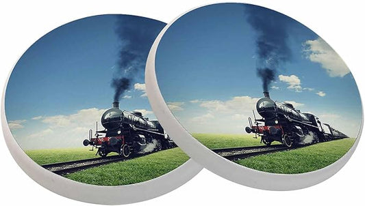 Steam Engine Train Coasters for Drinks Crosses a Green Lawn Coasters for Table Ceramic Absorb Stone Coasters with Coffee Table Cork Base for Home Decor 2 Pcs