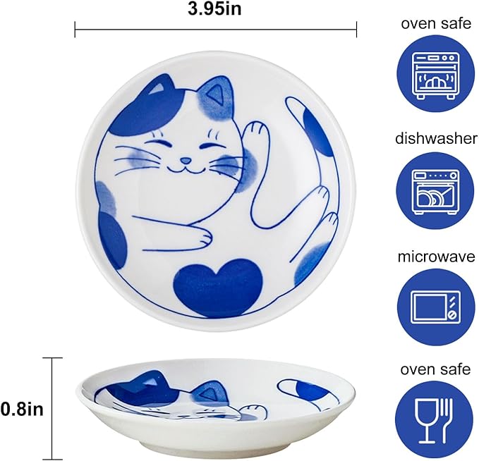 VanEnjoy Small Cute Ceramic Dishware Sets, Kawaii Cat Plates, Blue Shushi Plate Set Of 4, Japanese Plates, Dessert Plates Ceramic