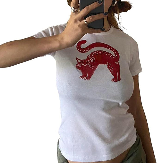 Y2k Graphic Baby Tees for Women Funny Kitten Shirt Tops Aesthetic Fairy Grunge Crop Top 90s 2000s Vintage Clothing