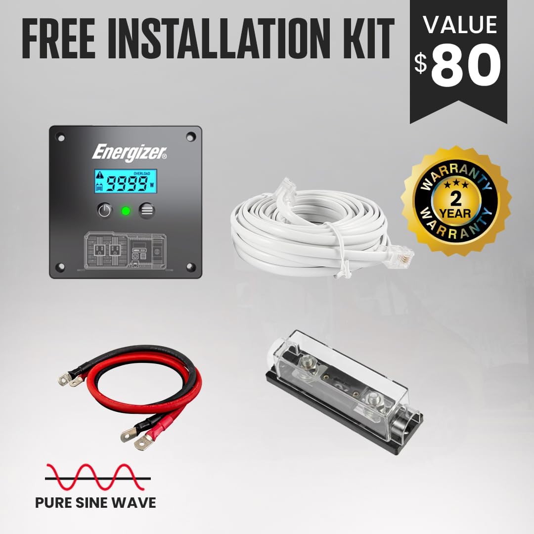 Energizer 1500 Watt 12V Pure Sine Inverter Dual AC Outlets & USB, Installation Kit Included, Automotive Power for Power Tools, Camping & Car Accessories - ETL Approved Under UL STD 458