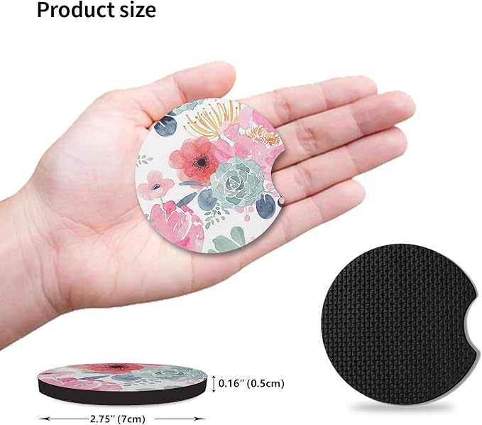 Watercolor Floral Car Coaster for Cup Holders,Car Accessories for Women,2pcs 2.75inch Universal Anti Slip Car Assecories,Car Cup Holder with A Finger Notch