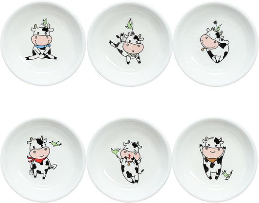 Super Cute Cartoon Animal Pattern Ceramic Sauce Dish/Seasoning Dish/Sushi Soy Dipping Bowl/Appetizer Plates/Serving Dish for Kitchen Home(Set of 6)-Cow