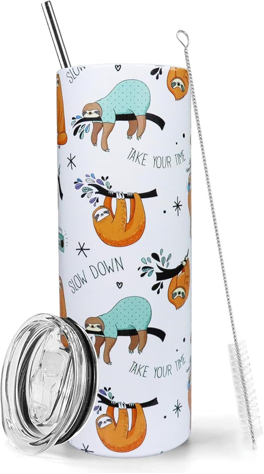 Sloth Tumbler - 20oz Insulated Stainless Steel Sloth Skinny Tumbler With Lid and Straw - Perfect for Women, Travel, or Gifts