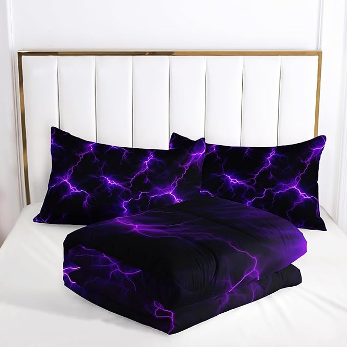 Violet Lightning Comforter Set Full Thunder Bedding Sets 3PCS for Kids Teen Adult Violet Room Decor Ultra-Soft Lightweight Microfiber 1 Comforter with 2 Pillowcases