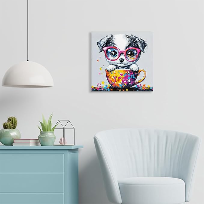 Ypxzzj Graffiti Cute Puppy in a Teacup Canvas Wall Art, Animal Dog Picture Prints Wall Art, Cute Animal Poster Dog with Glasses Wall Art for Livingroom Bedroom Home Decor Framed Ready to Hang