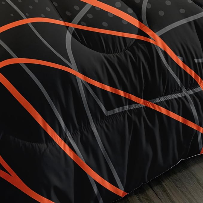 Basketball Court Print Queen Comforter Set for Boys,Ball Sports Games Bedding Set for Teens Kids Bedroom Decor,Orange Basketball Comforter Sets with 2 Pillowcases.