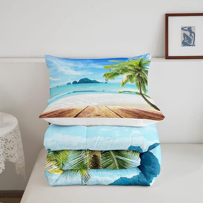 Beach Comforter Set King Size Ocean Bedding Set Tropical Palm Tree Hawaii Ocean Duvet Set Sunny Beach Coastal Nature Theme Duvet Set Sea Wave Mountain Brown Wooden Comforter Set 2 Pillowcases, Blue
