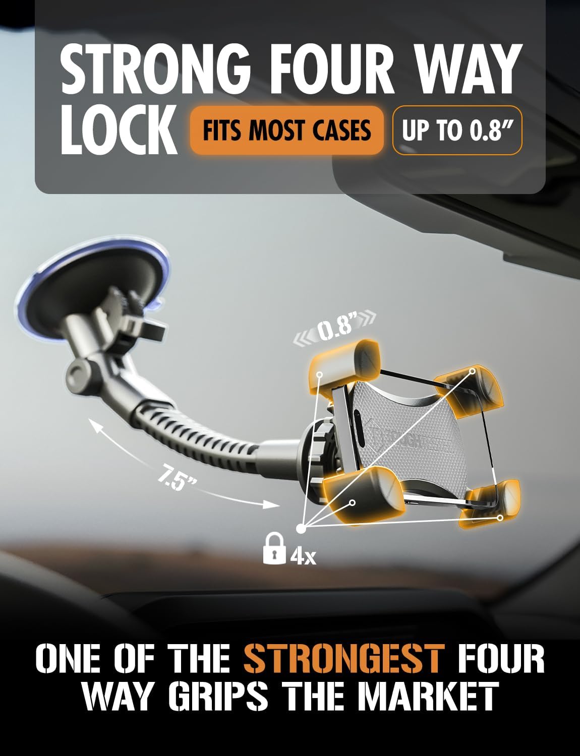 ToughTested Mammoth Windshield Mobile Mount, Double-Ribbed Gooseneck Arm, Expandable Claw Grip Holder with 360 Degree Rotation, Extra Large Suction Cup, Quick Release Button