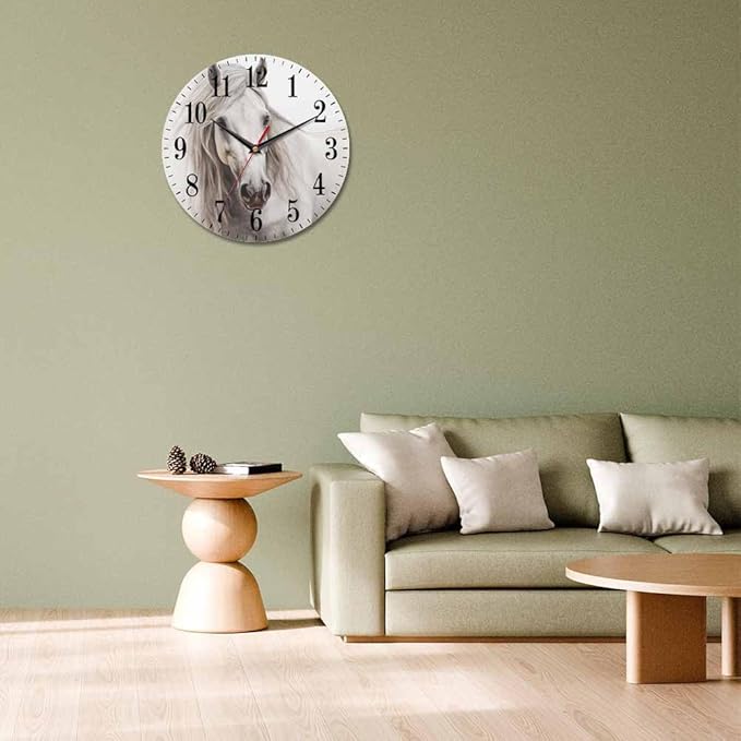 White Horse Portrait Wall Clock Classical Oil Horse with Smooth Skin and Fur 10 Inch Silent Non Ticking Battery Operated Clock Vintage Round Clock for Living Room Bedroom Bathroom Office Decor