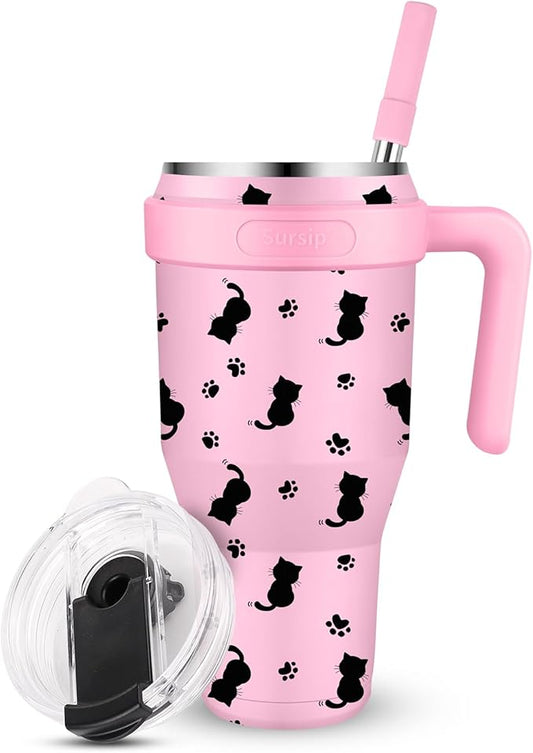 Sursip 40 oz Insulated Tumbler with Screw Lid - Stainless Steel Vacuum Cup with Straw and Handle, For Cold/Hot Drinks - Sweat/Leak Proof, Fits Cup Holder, Ideal Gifts for Women/Men (Pink Kitten)