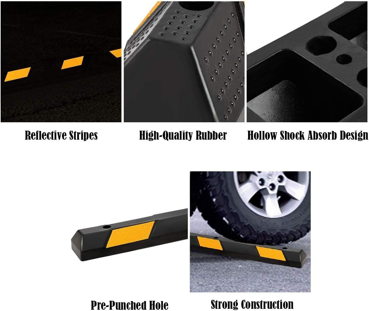 ERGOMASTER Parking Stopper for Garage,72” Rubber Parking Block with 8 High Reflective Yellow Safety Stripes for Vehicles Truck Driveway, Protect Pumpers from Cars Vans Trucks (4 Pack)