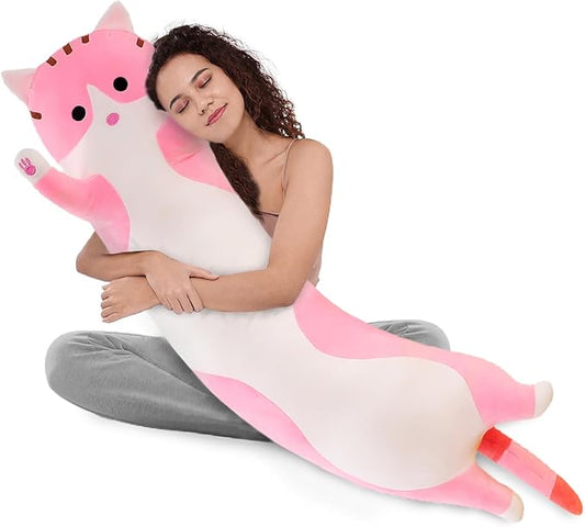 WUYU Lovely Plush Cat Doll Cute Cartoon Soft Stuffed Kitten Pillow Long Throw Sleeping Pillow Doll Toy Gift for Kids Girlfriend Multiple Size (Pink,130cm/51.1in)