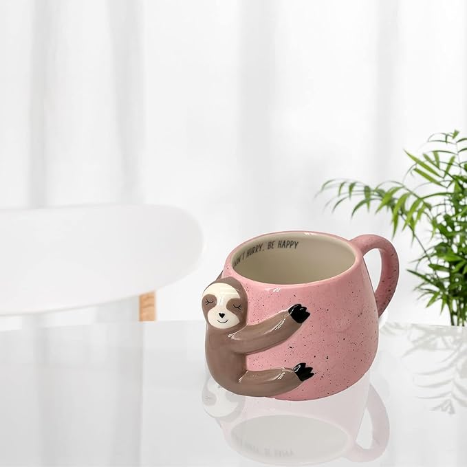 VOTUM White Ceramic Coffee or Tea Mugs: Animal Shaped Coffee Mugs with Hand Printed Designs and Printed Saying - 18.6 Fluid Ounce Large, Cute Handmade Cup (Sloth) Large Coffee Mug, Tea Cup Sloth Gifts