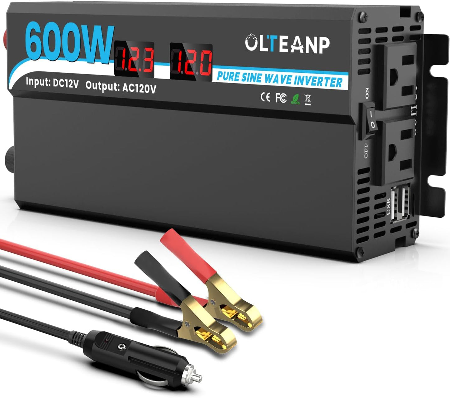 600W Power Inverter Pure Sine Wave Inverter 12V DC to 120V AC Converter for Car, Truck, Home, Vehicles, Laptop, Car Inverter 12V to 110V with 2 AC Outlets, 2 USB Ports, LCD Display