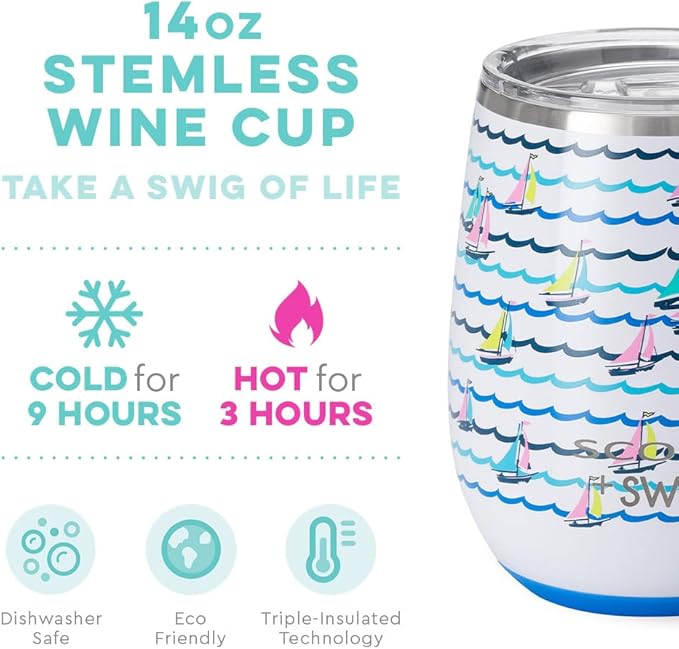 Swig 14oz Insulated Wine Tumbler with Lid, Dishwasher Safe, Stainless Steel Wine Cups (Boats and Rows)