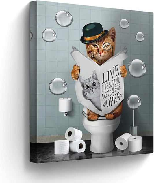 Bathroom Decor Canvas Wall Art Cute Cat Sitting in Toilet Reading Newspaper Pictures Farmhouse Bathroom Animals Wall Decor Painting for Bathroom Toilet Artwork Framed 16"x20"