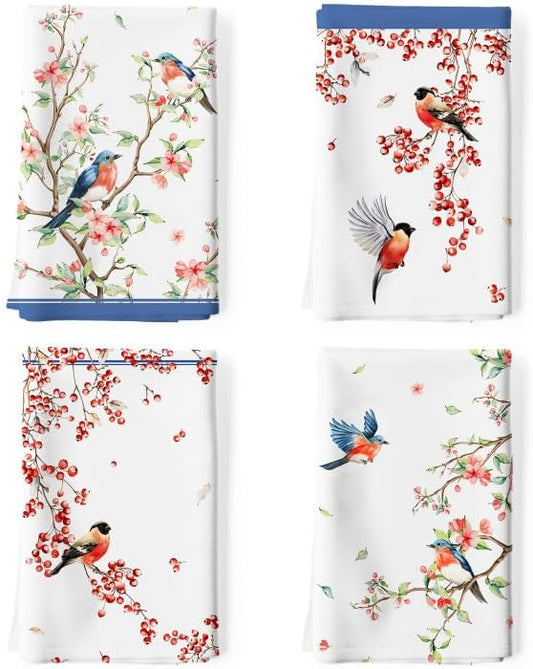 Watercolor Bird Flowers Tea Towels, Cotton Kitchen Towel 18.9 × 27.5 inch, Quick Drying Dish Cloth for Party Anniversary Holiday Decoration Housewarming Gifts