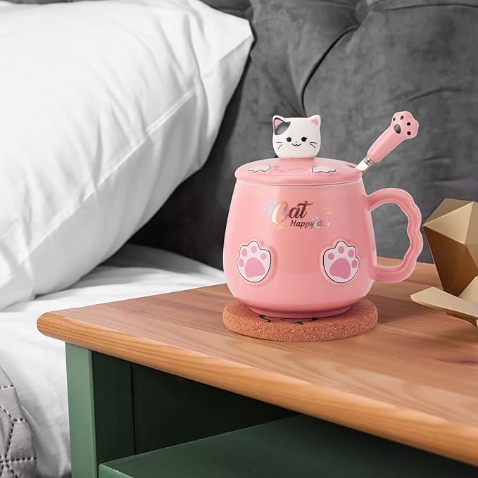Bgbg Cute Cat Mug, Kawaii Anime Cat Coaster, 14 oz, Pink