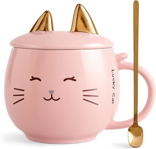 Yuwu Cat Ceramic Coffee Mug with Spoon & Lid, 13.5 oz Novelty Mug with Phone Stand Lid, Kawaii Tea Cup for Women & Cat Enthusiasts