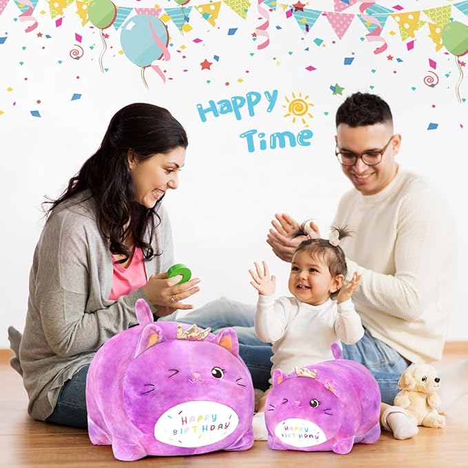 Birthday Cat Plush Pillow Stuffed Animal Toy, Purple Birthday Cat Plush Stuffed Animals, Soft Cat Plush Pillow for Kids(Purple Cat, 25cm/9.8inch)
