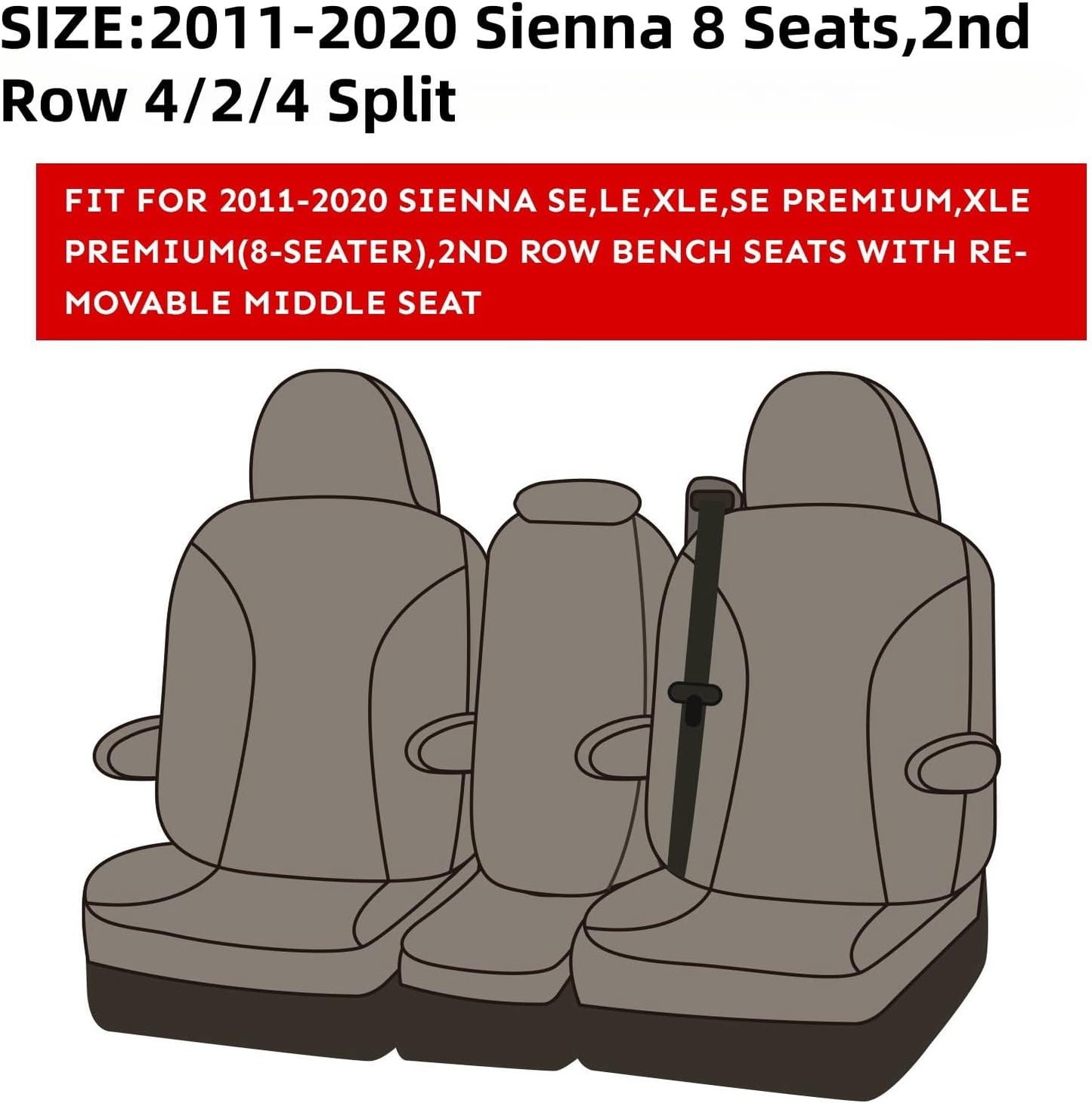 EKR Sienna Seat Covers for 2011-2020 Toyota Sienna LE,XLE, SE,XLE Premium 2nd Row 4/2/4 Split,8 Seats,Waterproof Car Seat Cover Full Set,Car Seat Protectors- Three Row,Leather(Black with Red Piping)