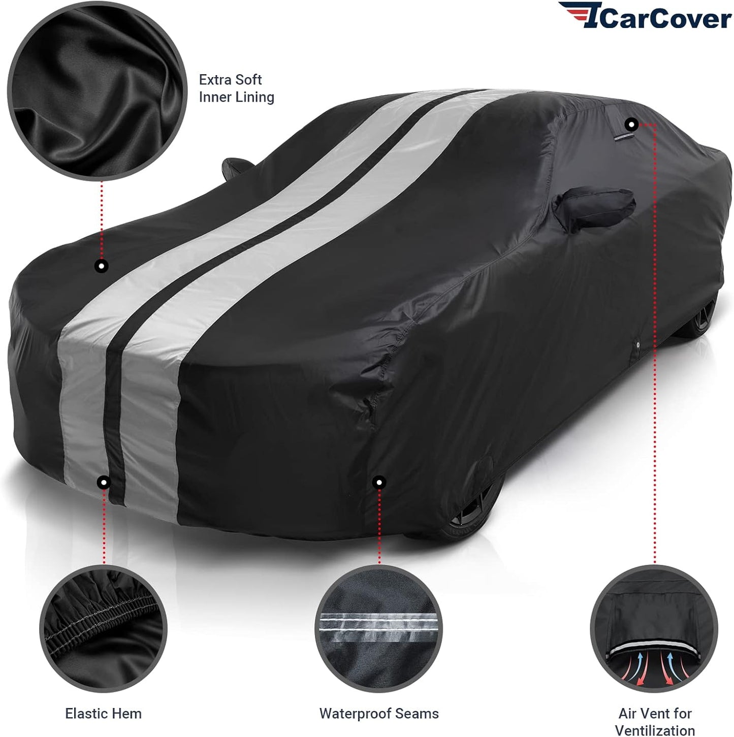 iCarCover Custom Car Cover for 2010-2024 Chevy Camaro LT, LS, RS, SS Waterproof All Weather Rain Snow UV Sun Protector Full Exterior Indoor Outdoor Car Cover (Stripe - Black/Gray)