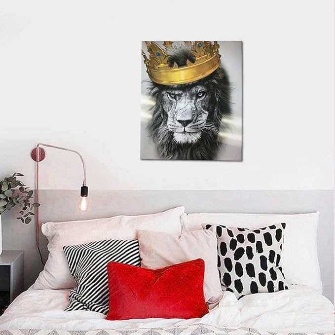 Black and White Lion with Crown Canvas Wall Art Abstract King Animal Artwork Lion Head Portrait Gold Modern Home Print Painting Large Wooden Wall Décor Framed Poster for Bedroom Bathroom 20x24 Inch