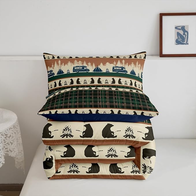Camping Comforter Set for Teens Camper Bedding Camper Accessories for Travel Trailers,Rustic Farm Style Tree Comforter Sets Green Plaid Lattice Duvet Insert with 1 Pillowcase Bedroom Decor,Twin