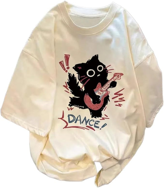 Women Vintage T-Shirt Y2K Cat Graphic Harajuku Tee Tops Summer Emo Grunge Oversized Streetwear Preppy Gothtic Clothes