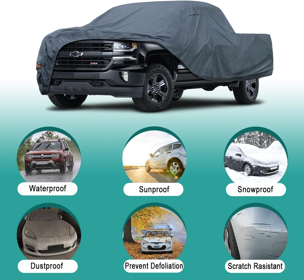 16 Layers Truck Cover Waterproof All Weater - See Vehicle Size Chart - Heavy Duty Outdoor Truck Pickup Cover for Chevrolet Colorado, Toyota Tacoma/Tundra etc. Length up to 220 inch.