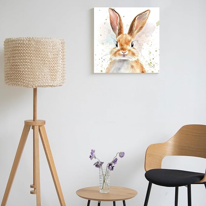 Watercolor Rabbit Wall Art Nursery Bunny Pictures Wall Decor Abstract Animal Canvas Print Art Cute Bunny Rabbit Poster Modern Artwork for Kids Bedroom Bathroom Living Room Home Decor 12x12inch