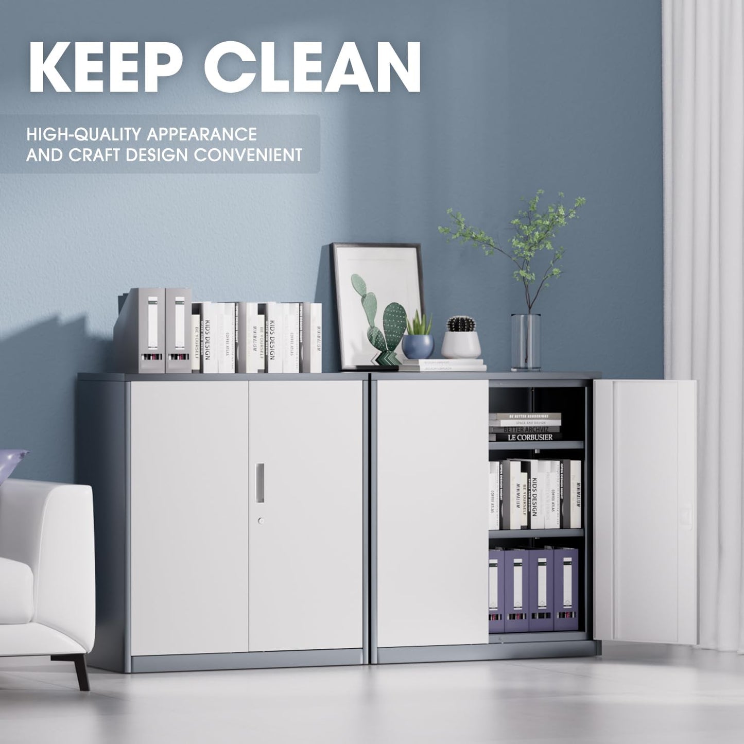 DNA MOTORING 36'' Metal Storage Cabinet, Locking Tool Cabinet with 2 Doors and 2 Adjustable Shelves, Heavy Duty Metal Locker for Garage,Office,Home,Gym, Gray White, TOOLS-00631-GY-WH-A