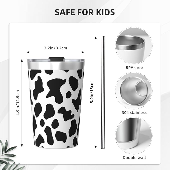 White Black 12 OZ Insulated Tumbler Mug with Lid Straw, Cow Print Double Wall Vacuum Insulated Travel Coffee Cup for Hot and Cold Drinks