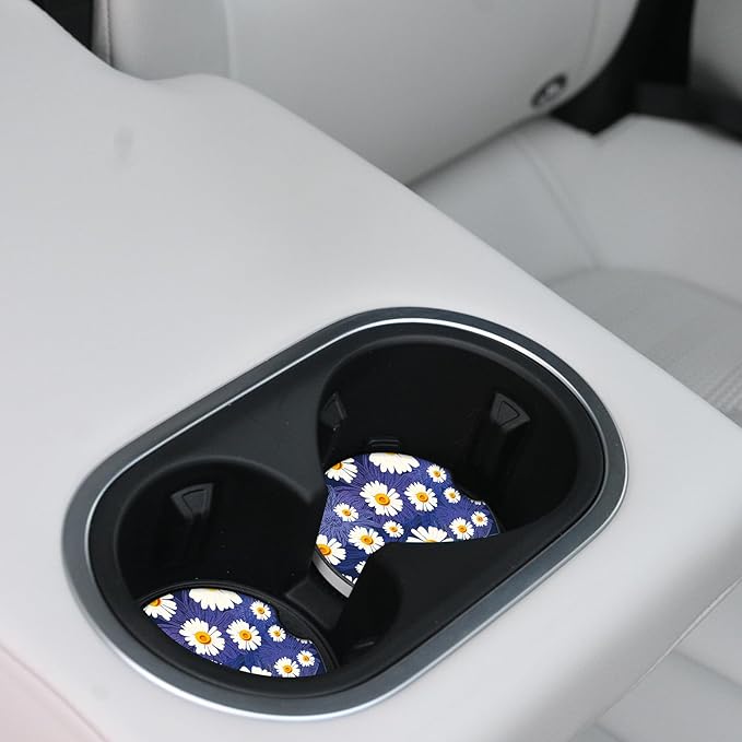 White Flowers Car Coasters for Drinks Absorbent,2 Pack Cup Holders,2.56" Ceramic Stone & Non-Scratch Cork Base Coasters,Auto Accessories for Women & Men.
