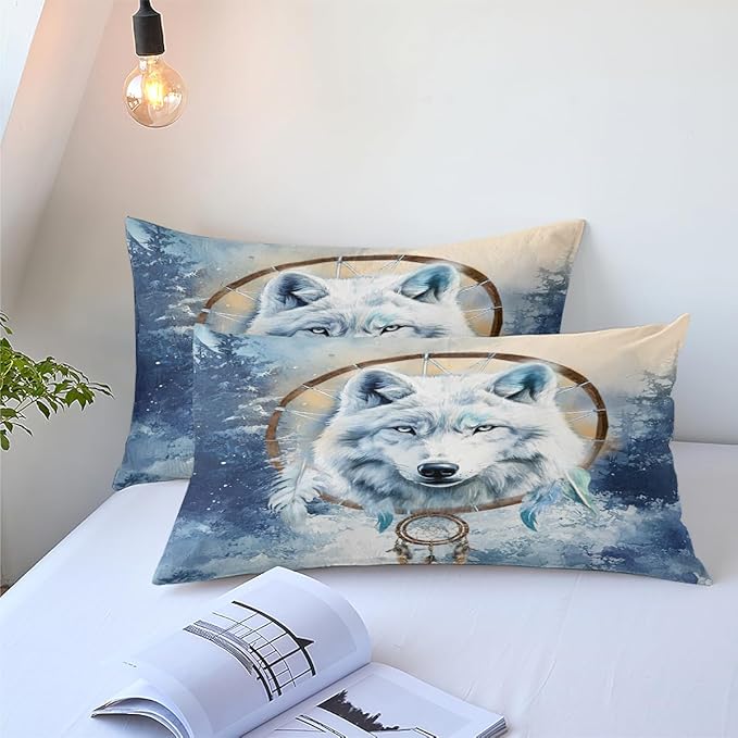 White Wolf Comforter Set Full Dreamcatcher Wolves Safari Animal Bedding Set with 2 Pillowcases