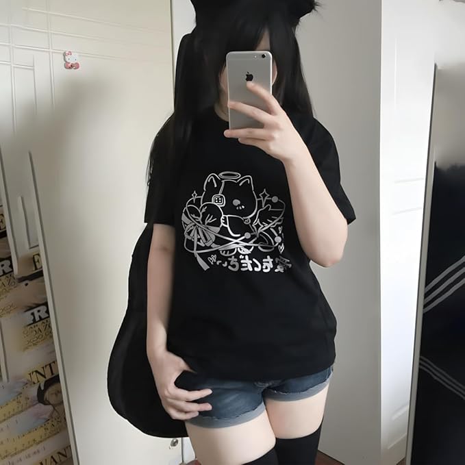 Y2K Gothic Grunge Kawaii Fashion Casual Style Crew Neck Short Sleeve Goth Cartoon Cat Graphic Print T-Shirt