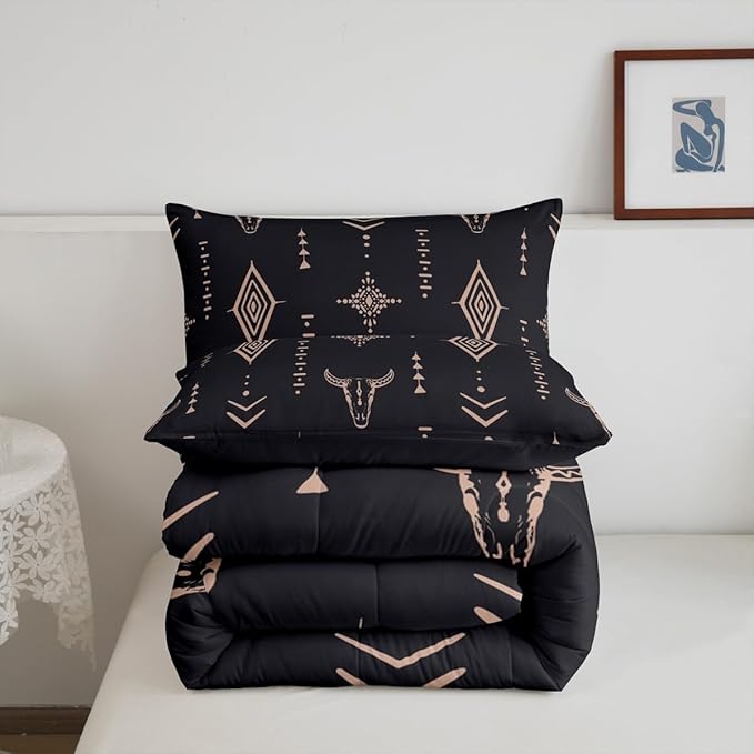 Bull Skull Comforter Set Queen Boho Bedding Ethnic Horns Bohemian Bedding Comforter Sets Black Brown Tribal Symbol Mysterious Aztec Bedroom Decor Abstract Geometric Duvet Insert for Men Boys
