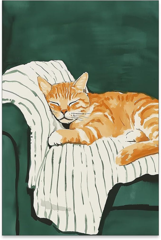Sleeping Orange Cat poster Green Aesthetic Wall Art Preppy Funky Cute Animal Canvas Painting Gift For Cat Lover for Cozy Room Wall Decor 24x36 inch Unframed