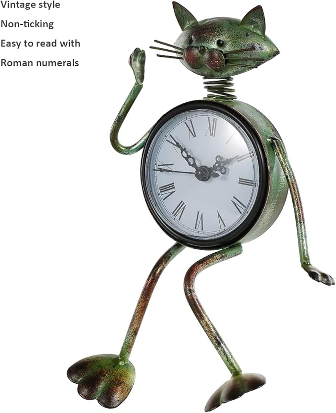 Tooarts Small Cat Desk Clock Handmade Vintage Metal Cat Figurine Decorative Table Animal Clock