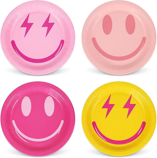 Whaline Preppy Paper Plates Smile Face Disposable Plates 4 Styles Dinner Plates Set 9 Inch Groovy Dessert Plates for Party Supplies Table Decor, 40Pcs