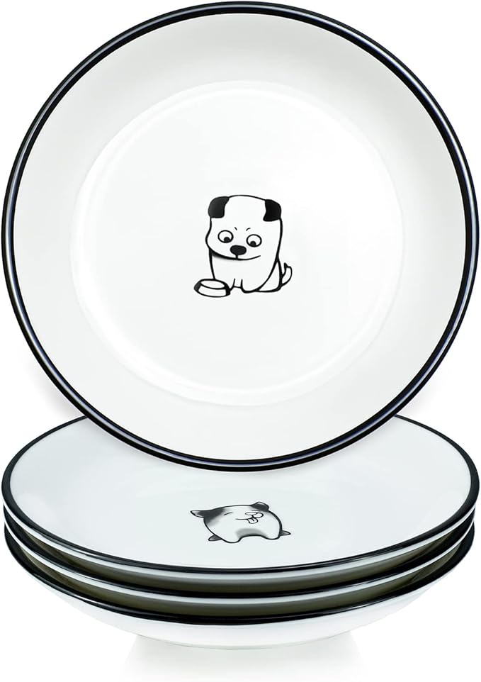 WAIT FLY 5 Inches Funny Dog and Cat Pattern with Brush Strokes Ceramics Seasoning Dishes/Tea Bag Holders/Ketchup Saucer/Appetizer Plates/Seasoning Dipping Bowls, Set of 4