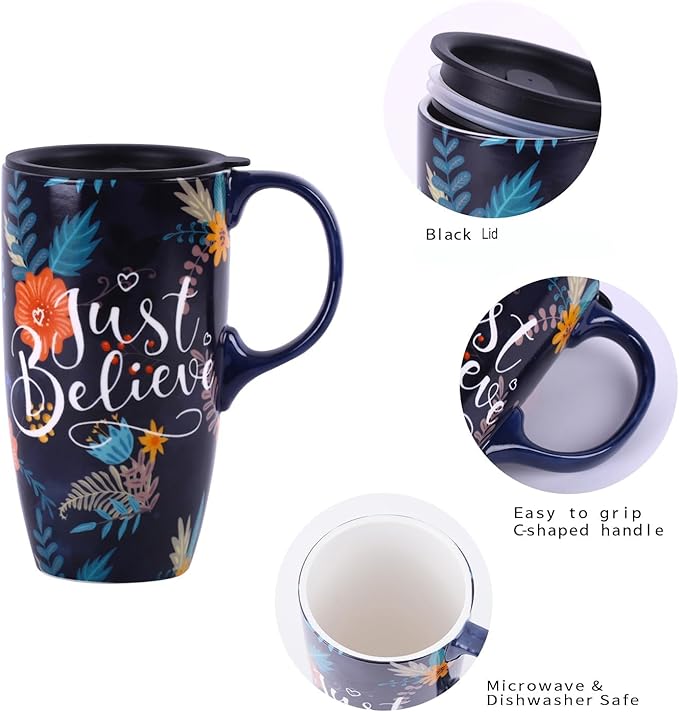 Topadorn Ceramic Mug with Lid and Handle,17oz. Tall Coffee Cup for Home,Party and Birthday,Just Believe