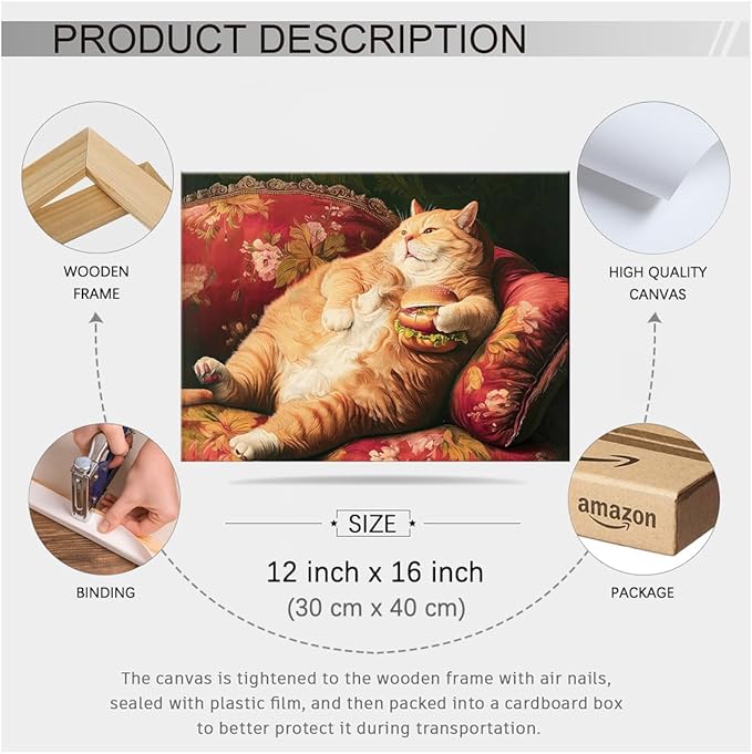Victorian Renaissance Canvas Poster Funny Fat Cat With Hamburger Wall Art Lying In Sofa Cute Cat Painting Wall Decor 12x16 inch Framed for Animal Lover Gift
