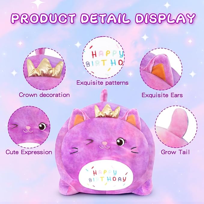 Birthday Cat Plush Pillow Stuffed Animal Toy, Purple Birthday Cat Plush Stuffed Animals, Soft Cat Plush Pillow for Kids(Purple Cat, 25cm/9.8inch)