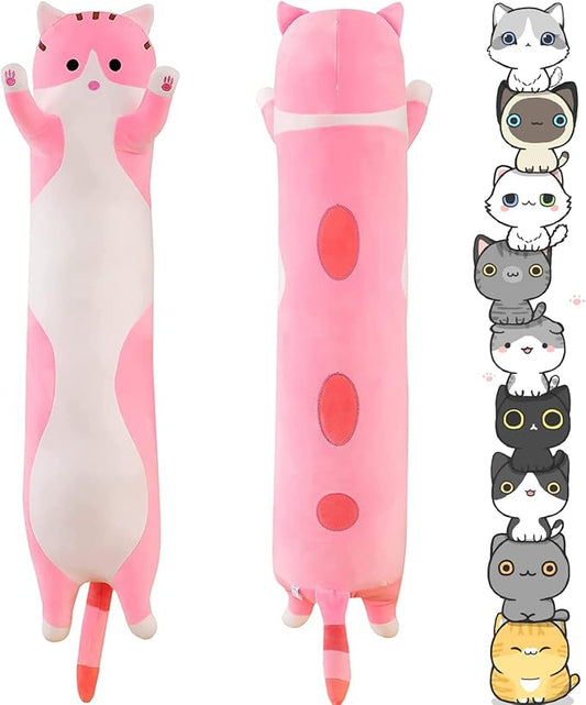 Soft Cat Plush Long Stuffed Animal Sleeping Pillow - Cotton Kitten, Cute Long Body Pillow, Gift for Kids, Girlfriend (19.7inch/50cm, Pink)